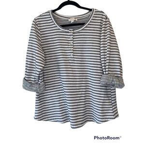 Vintage America Women's White Black Striped Henley Long Sleeve Blouse Size 2XL